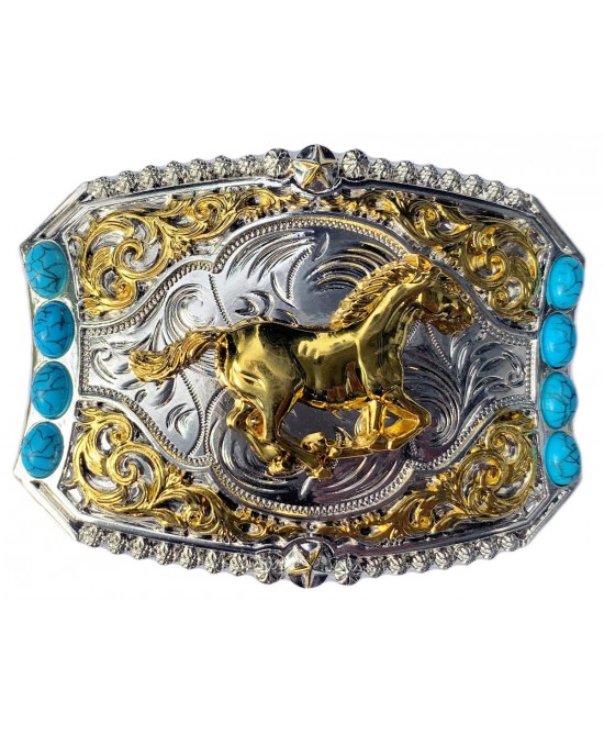 Belt Buckle - Gold Horse with Turquoise