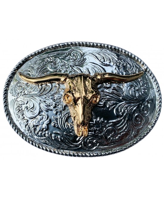 Belt Buckle - Oval Rodeo Steer Head Gold & Silver Plated