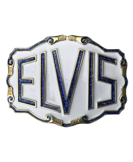 Belt Buckle - Elvis Blue Glitter White 
