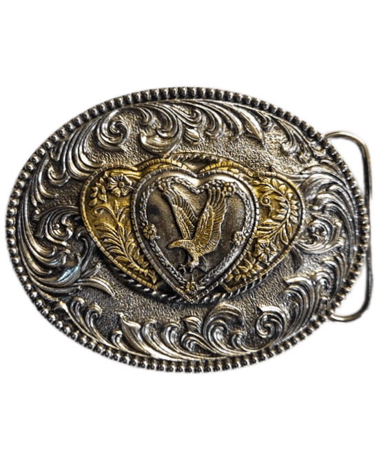 Belt Buckle - Three Hearts Eagle Gold and Silver Plated