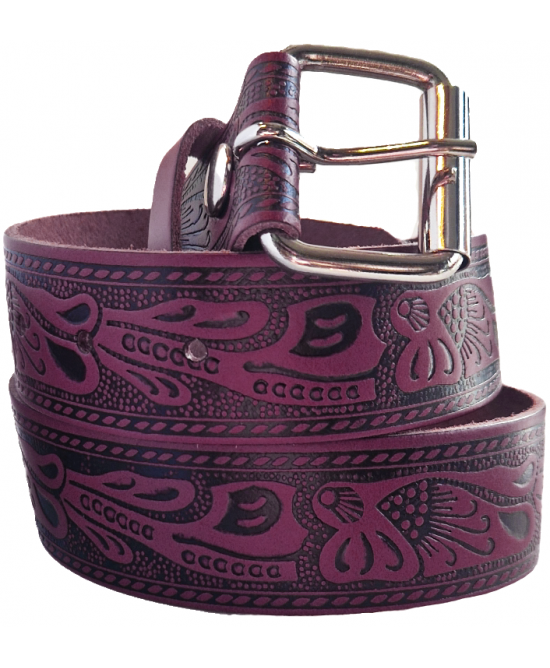 Leather Belt - Scroll Purple Burgundy