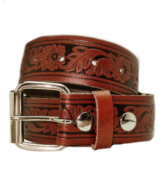 Leather Belt - Flowers Dark Brown