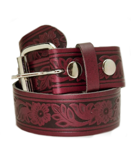 Leather Belt - Flowers Purple Burgundy