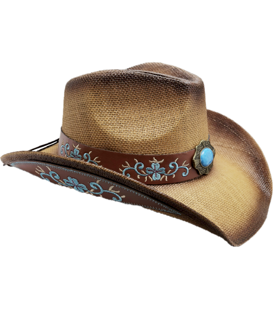 Straw Western Hat Brown with Turquoise Stone