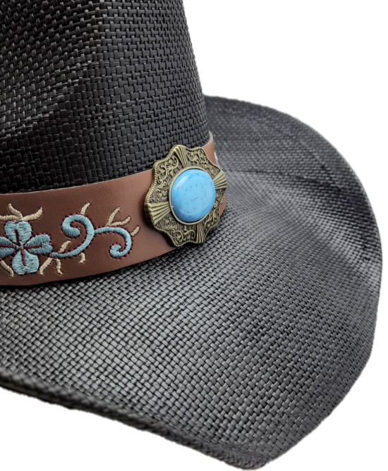 Straw Western Hat Black with Blue Stone