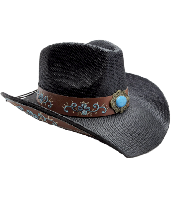 Straw Western Hat Black with Blue Stone