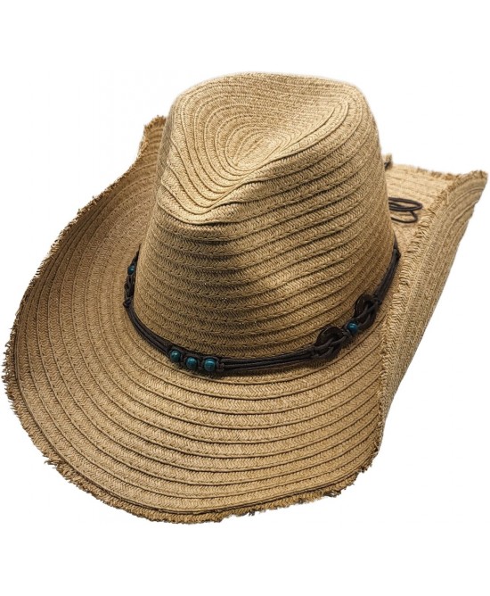 Straw Western Hat with Turquoise Beads - Beige