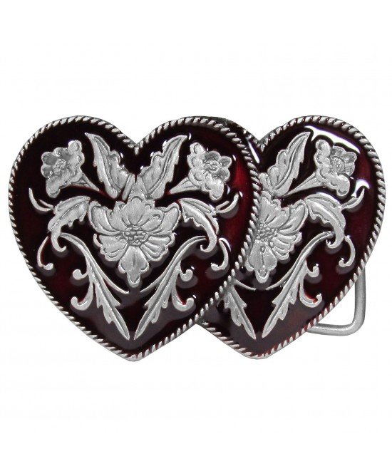 Belt Buckle - Two Burgundy Hearts