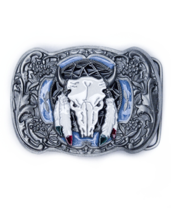 Belt Buckle - Steer Skull Silver Blue Black