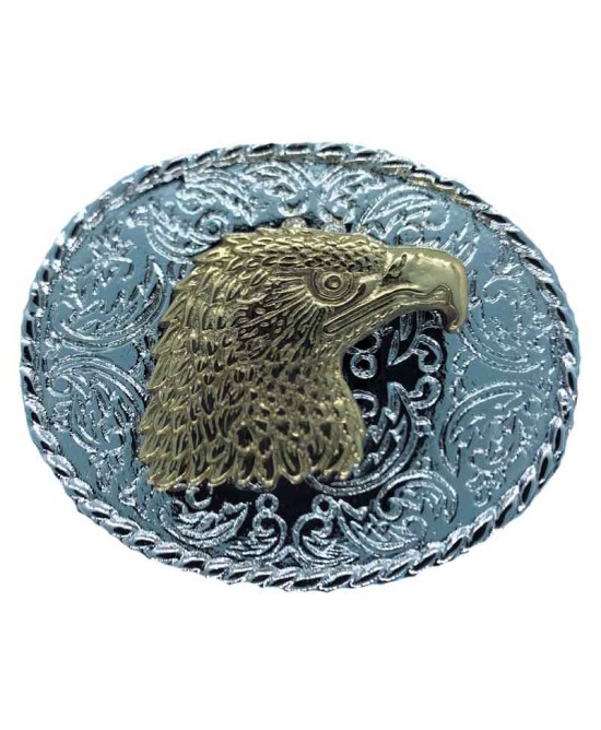 Belt Buckle - Oval Rodeo Eagle Head Silver and Gold