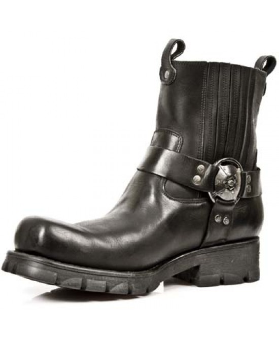 New Rock - M.7605-S1 - Black Leather Ankle Biker Boots